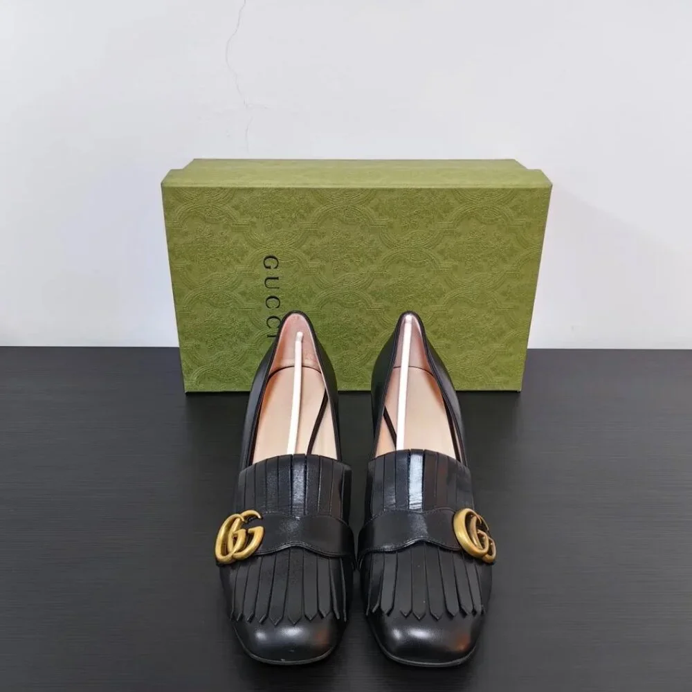 NIB Gucci Women's Black Leather Mid-Heel Marmont Pump Size 34.5 - Picture 4 of 8